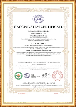 botanical extract supplier KINTAI's HACCP certificate