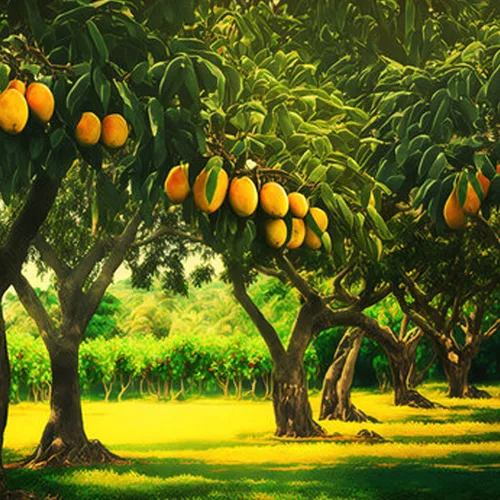 pomar de mangueira, folhas verdes, fruta manga madura amarela